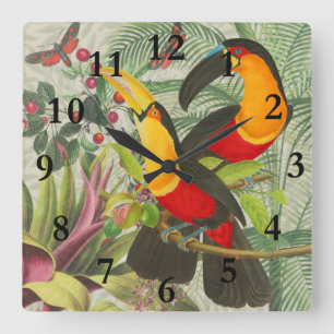Horloge Carrée Vibrant Tropical Toucan Birds Art Exotic Jungle