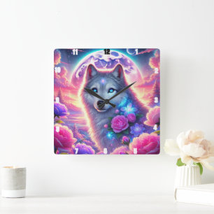 Horloge Carrée Vibrant Wolf Neon Moon et Fleur mystique