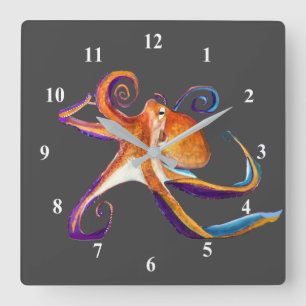 Horloge Carrée vie marine d'octopus aquarelle