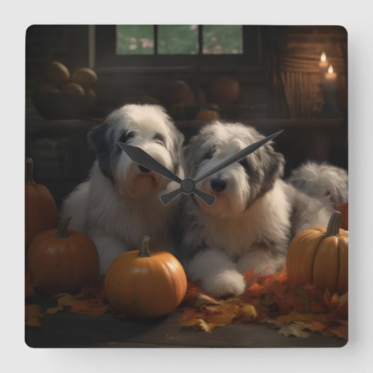 Horloge Carrée Vieux anglais Sheepdog Chiot Chiot Automne Citroui (Recto)