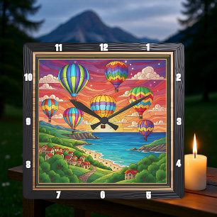 Horloge Carrée Village côtier aux ballons colorés