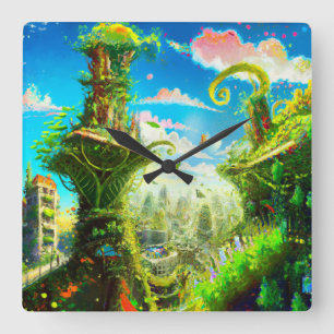 Horloge Carrée Ville Plante colorée futuriste, Art généré par l'I