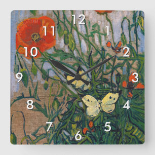 Horloge Carrée Vincent van Gogh - Papillons et Coquelicots