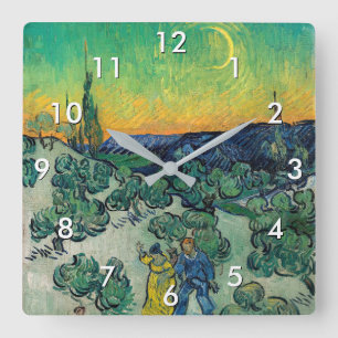 Horloge Carrée Vincent van Gogh - Paysage Lune avec couple