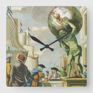 Horloge Carrée Vintage Baroque Era Atlas Frontispione World Globe