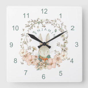 Horloge Carrée Vintage Cute Bunny Botanical Name Baby Boy Nursery