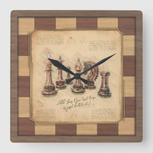 Horloge Carrée Vintage échiquier et pièces d'échecs, cadeau du jo