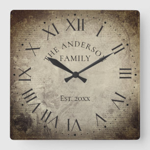 Horloge Carrée Vintage Elegant Nom de famille Roman Numeral Rusti
