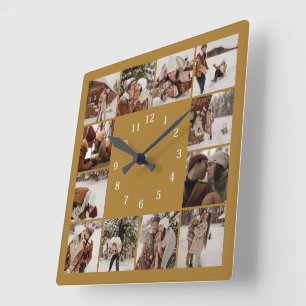 Horloge Carrée Vintage Gold Family 12 Photo Collage Keepsaké