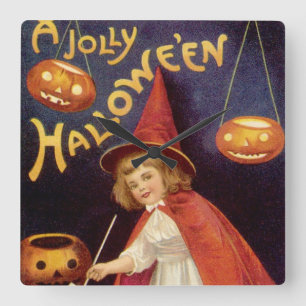 Horloge Carrée Vintage Jolly Halloween Witch par Ellen Clapsaddle
