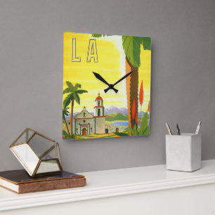 Horloge Carrée Vintage Los Angeles, Californie Mission avec Palm