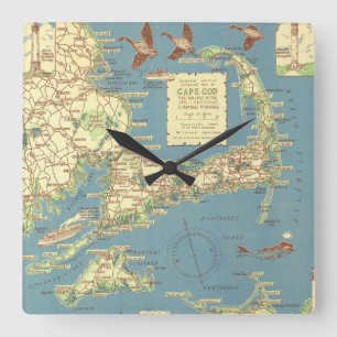 Horloge Carrée Vintage Map of Cape Cod (1940)