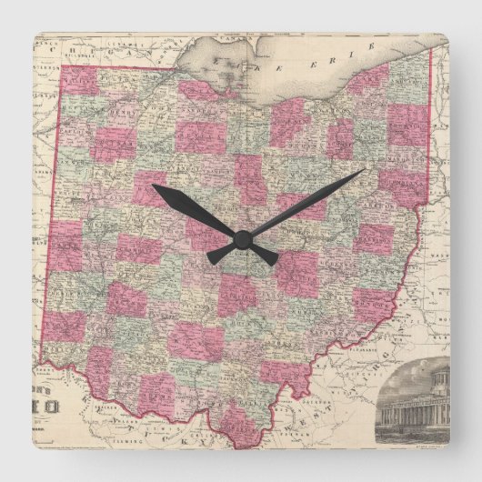 Horloge Carrée Vintage Map of Ohio (Recto)