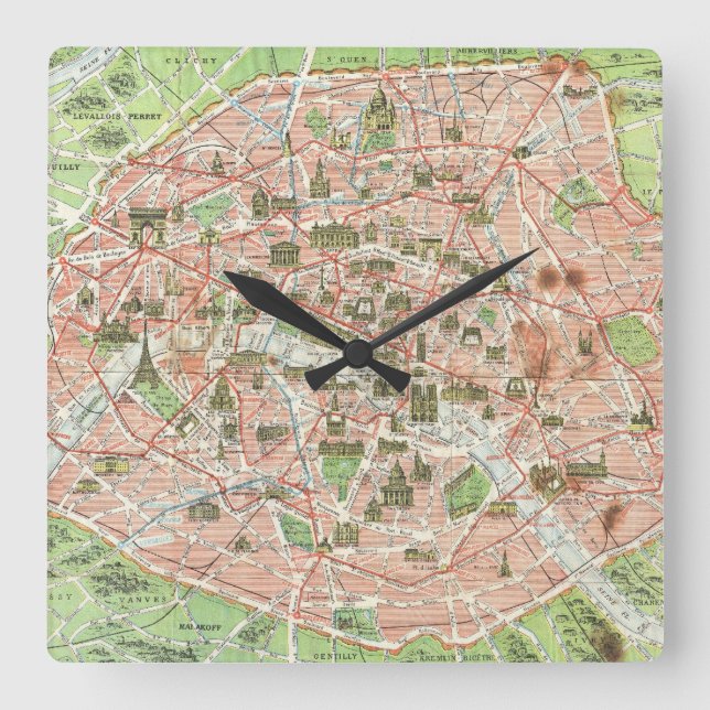 Horloge Carrée Vintage map of Paris (Front)