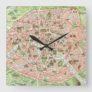 Horloge Carrée Vintage map of Paris
