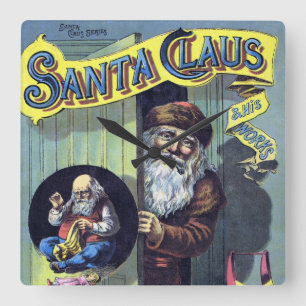 Horloge Carrée Vintage Noël, le Père Noël et son livre de travaux