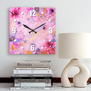 Horloge Carrée Vintage or rose rose floral aquarelle romantique c