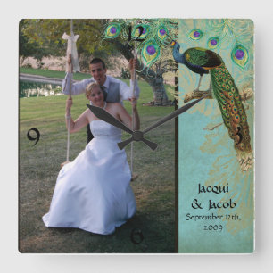Horloge Carrée Vintage Peacock Feathers Etchings - Photo Wedding