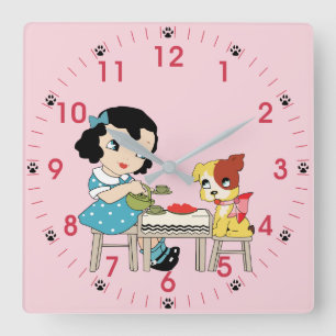 Horloge Carrée Vintage Retro Kitsch Petite fille et chien