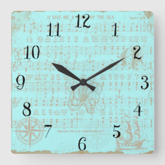 Horloge Carrée Vintage Teal Nautical Musical Sheet
