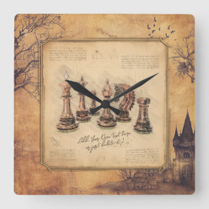 Horloge Carrée Vintage Vieux Jeu d'échecs Pièces Art Joueur Cadea