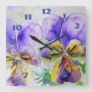 Horloge Carrée Viola Purple Pansies Aquarelle Pansy Flower
