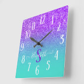 Horloge Carrée Violet Glitter Turquoise ombre monograme (Angle)