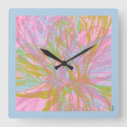 Horloge Carrée Violet rose papillon Abstrait or (Recto)
