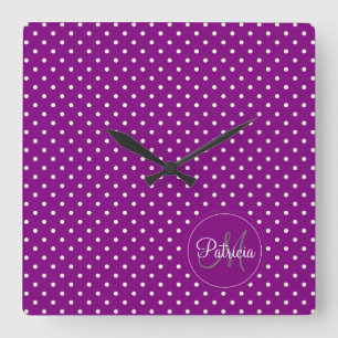 Horloge Carrée Violet & White Dots Custom Monogrammed