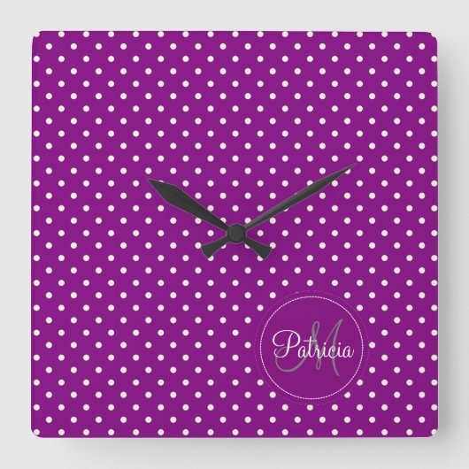 Horloge Carrée Violet & White Dots Custom Monogrammed (Recto)