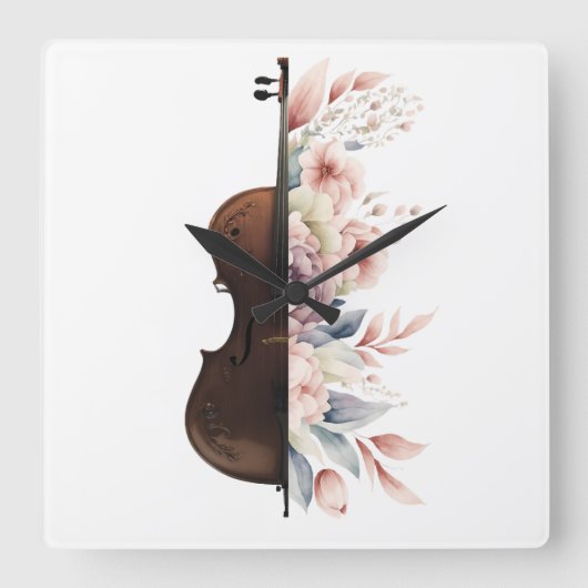 Horloge Carrée Violon aux fleurs. (Recto)