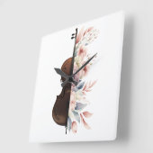 Horloge Carrée Violon aux fleurs. (Angle)