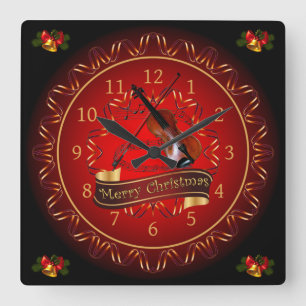 Horloge Carrée Violon ~ Joyeux Noël ~ Maron & Noir ~