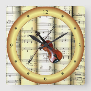 Horloge Carrée Violon ~ Partition roulée ~ Anneau or ~ * ~ ~