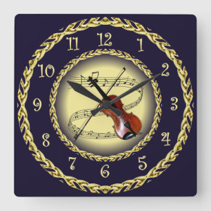 Horloge Carrée Violon ~ Scroll musical ~ Gold/Navy Blue ~ ~ ~ ~