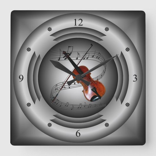 Horloge Carrée Violon ~ Scroll musical ~ Haut-parleur argent ~ Un (Recto)