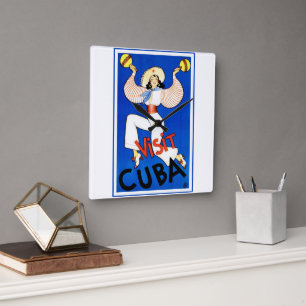 Horloge Carrée Visitez La Havane, Cuba, Affiche de voyage vintage