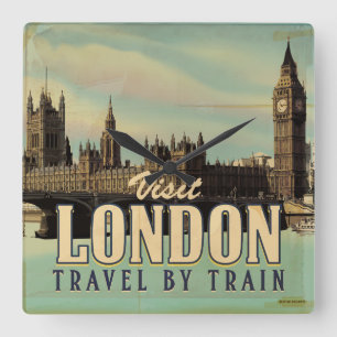 Horloge Carrée Visitez l'affiche vintage de Londres
