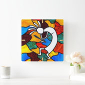 Horloge Carrée Vitrail Kokopelli (Maison)