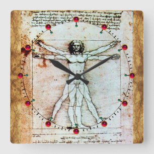 Horloge Carrée VITRUVIAN MAN Antique Parchment Rouge Ruby Gemston