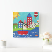 Horloge Carrée Voilier et ballon à air chaud avec le paysage (Maison)