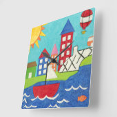 Horloge Carrée Voilier et ballon à air chaud avec le paysage (Angle)