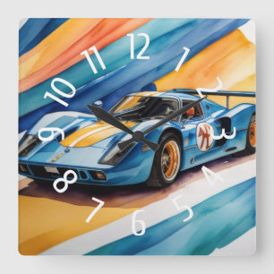 Horloge Carrée Voiture Blue Race Aquarelle Jaune