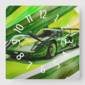 Horloge Carrée Voiture de course verte Aquarelle jaune (Recto)