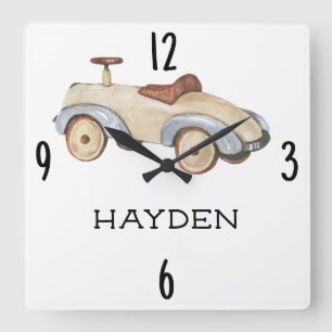 Horloge Carrée Voiture de jouet Vintage Aquarelle 10,75 po