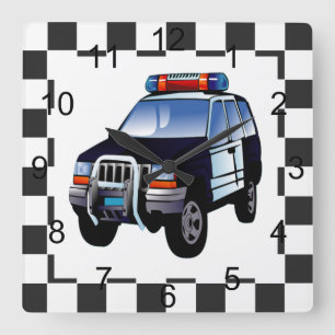 Horloge Carrée Voiture de police de bande dessinée sur un arriè