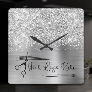 Horloge Carrée Votre Logo Glittery Silver Glam