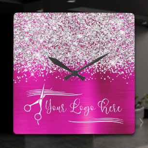 Horloge Carrée Votre logo paillettes argent rose chaud glamour