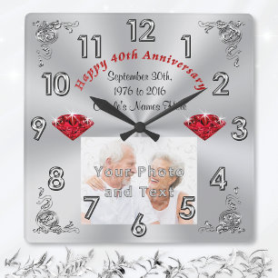 Horloge Carrée Votre photo et TEXTE Cadeaux du 40e anniversaire