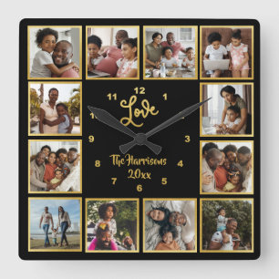 Horloge Carrée Votre propre collection de 12 photos Love Gold Bla